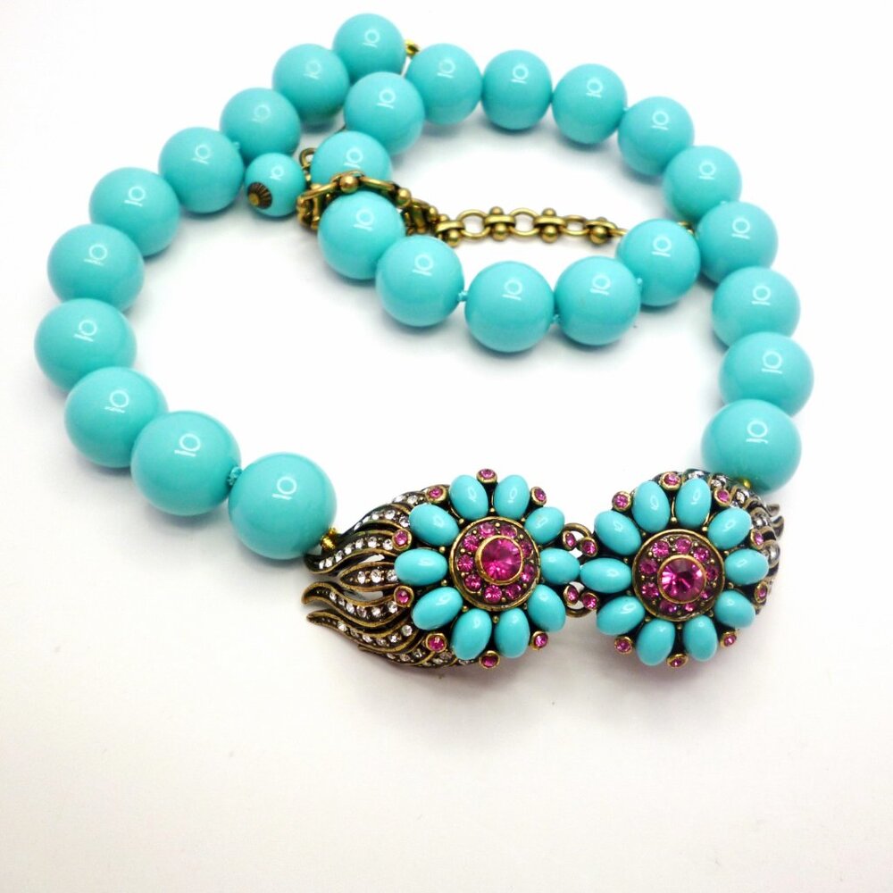 Heidi Daus Choker Necklace Turquoise Tone Beads Swarovski Crystal PERFECT 32307 - Picture 2 of 5